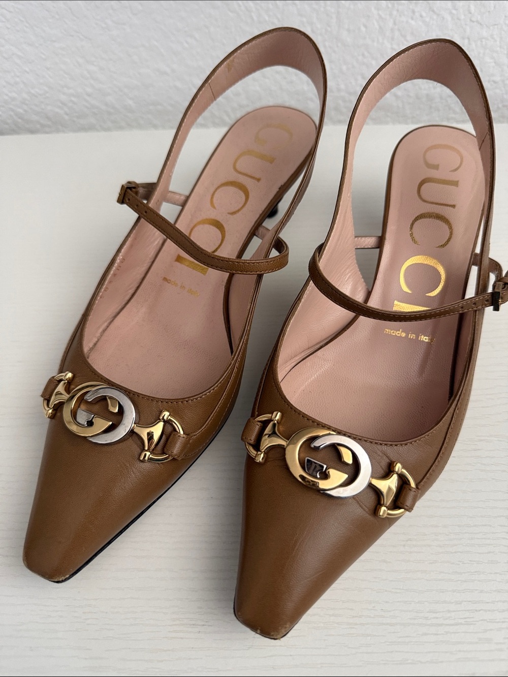 Gucci Brown Leather Slingback Pumps with Gold Hardware